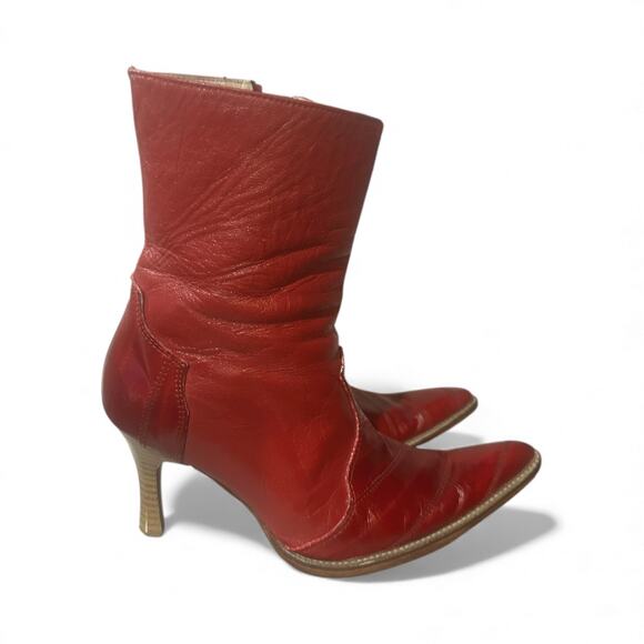 Los Altos Red Leather Women's Heeled Ankle Boots Size 23 Mex US 6 Side Zip - Picture 2 of 10
